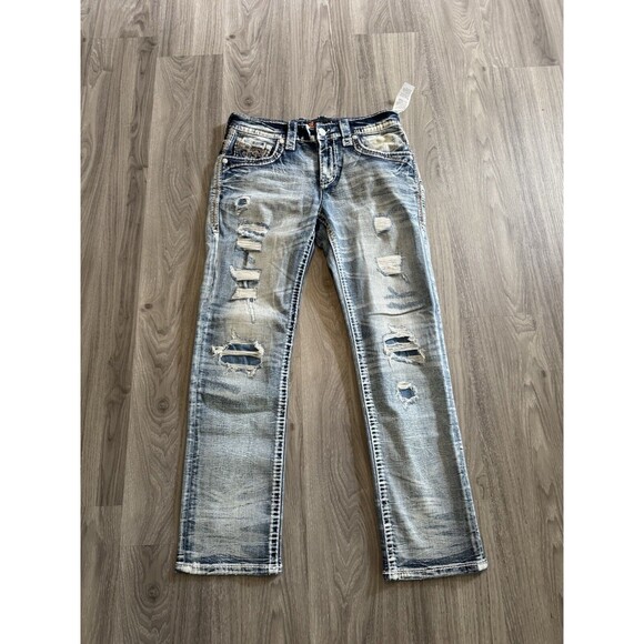 Rock Revival “Rahm” Straight Jeans Men’s Size 32 32x32 Blue Denim Distressed NWT